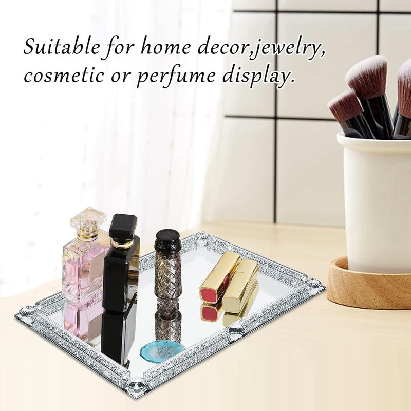 LFGKeng Large Crystal Tray, Glass Mirror Modern Jewelry Trinket Trays with Crushed Diamond, 15.7" x 11.8" Rectangular Makeup Perfume Tray for Bathroom Bedroom, Home Decor, Hotel Banquet, Party (Silver C) - Image 3